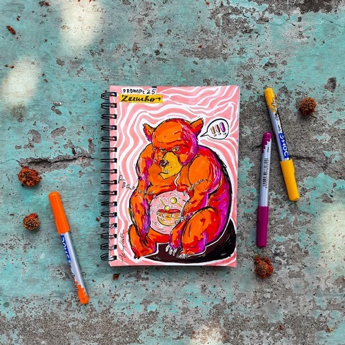 Warm-toned zumbo creature illustration with sketchbook and markers